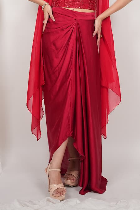 Buy_Day And Mood_Red Silk, Organza Sequins, Embroidery Corset And Draped Skirt Set With Jacket _Online_at_Aza_Fashions