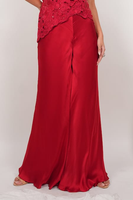 Day And Mood_Red Silk, Modal, Satin Cut Work, Embroidery, Sequins Cutwork Top And Pants Set _Online_at_Aza_Fashions