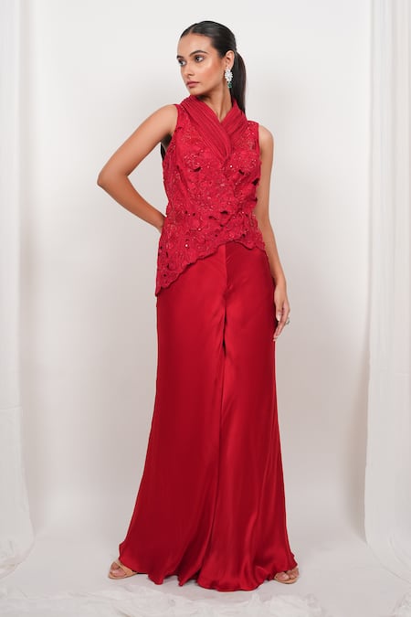 Day And Mood Wired Collar Cutwork Top & Flared Pants Set 