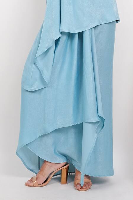 Day And Mood_Sky Blue Velvet, Georgette Embroidery Round Neck Knot Top And Skirt Set _Online_at_Aza_Fashions