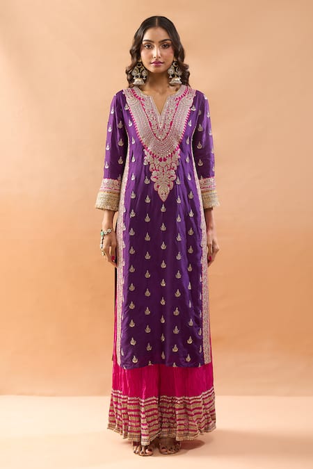 Gopi Vaid Purple Tussar, Shantoon, Organza Embroidery, Zari, Kurta Sharara And Dupatta Set Online at Aza Fashions Gopi Vaid_Purple Tussar, Shantoon, Organza Embroidery, Zari, Kurta Sharara And Dupatta Set _Online_at_Aza_Fashions