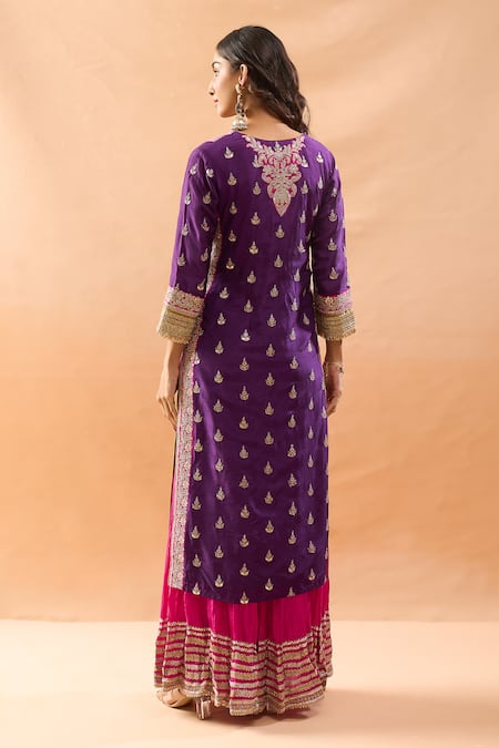 Shop Gopi Vaid Purple Tussar, Shantoon, Organza Embroidery, Zari, Kurta Sharara And Dupatta Set at Aza Fashions Shop_Gopi Vaid_Purple Tussar, Shantoon, Organza Embroidery, Zari, Kurta Sharara And Dupatta Set _at_Aza_Fashions