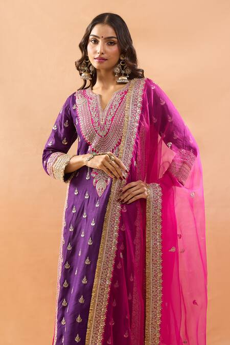 Gopi Vaid Purple Tussar, Shantoon, Organza Embroidery, Zari, Kurta Sharara And Dupatta Set at Aza Fashions Gopi Vaid_Purple Tussar, Shantoon, Organza Embroidery, Zari, Kurta Sharara And Dupatta Set _at_Aza_Fashions