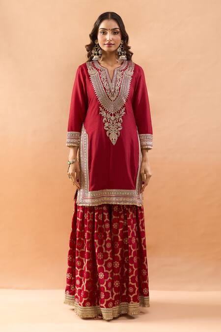 Gopi Vaid Red Tussar, Organza Embroidery, Zari V-neck Kurta And Printed Sharara Set Online at Aza Fashions Gopi Vaid_Red Tussar, Organza Embroidery, Zari V-neck Kurta And Printed Sharara Set _Online_at_Aza_Fashions