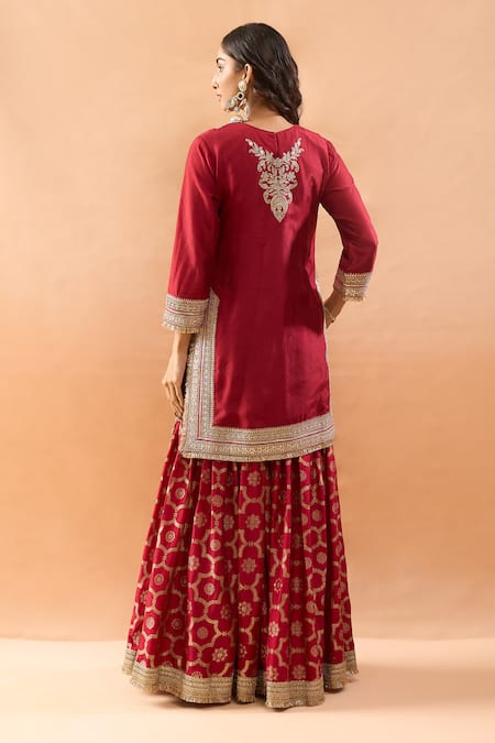Shop Gopi Vaid Red Tussar, Organza Embroidery, Zari V-neck Kurta And Printed Sharara Set at Aza Fashions Shop_Gopi Vaid_Red Tussar, Organza Embroidery, Zari V-neck Kurta And Printed Sharara Set _at_Aza_Fashions