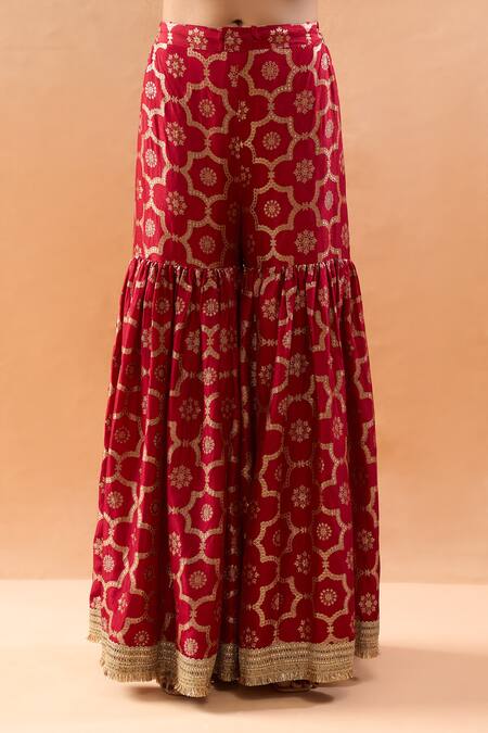 Shop Gopi Vaid Red Tussar, Organza Embroidery, Zari V-neck Kurta And Printed Sharara Set Online at Aza Fashions Shop_Gopi Vaid_Red Tussar, Organza Embroidery, Zari V-neck Kurta And Printed Sharara Set _Online_at_Aza_Fashions