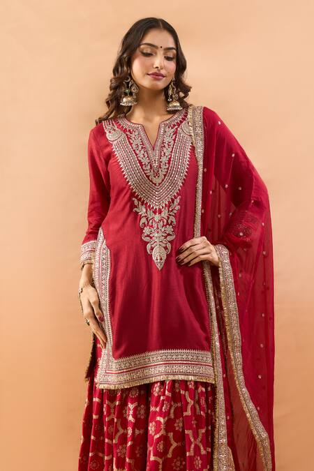 Gopi Vaid Red Tussar, Organza Embroidery, Zari V-neck Kurta And Printed Sharara Set at Aza Fashions Gopi Vaid_Red Tussar, Organza Embroidery, Zari V-neck Kurta And Printed Sharara Set _at_Aza_Fashions
