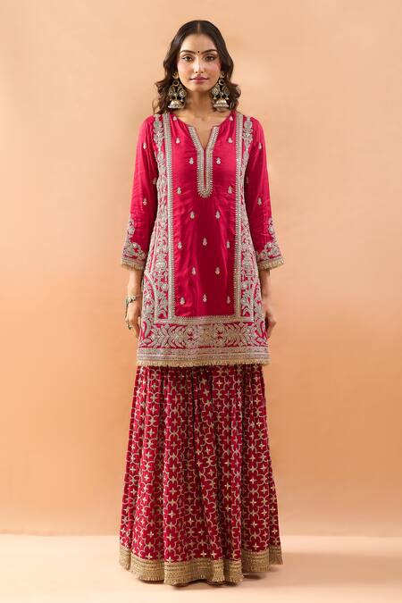 Gopi Vaid_Red Tussar, Organza Embroidery, Zari, Sequins Kurta And Sharara Set With Dupatta _Online_at_Aza_Fashions