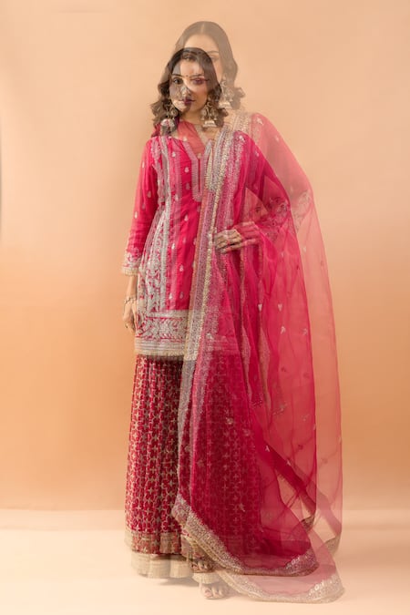 Buy_Gopi Vaid_Red Tussar, Organza Embroidery, Zari, Sequins Kurta And Sharara Set With Dupatta _Online_at_Aza_Fashions
