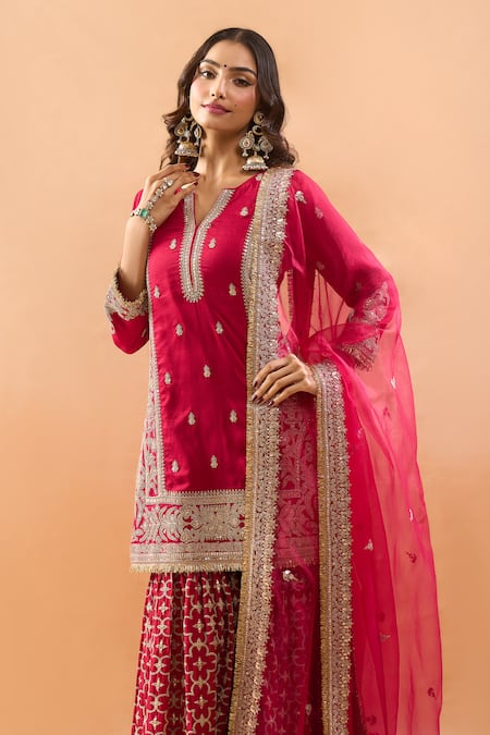 Shop_Gopi Vaid_Red Tussar, Organza Embroidery, Zari, Sequins Kurta And Sharara Set With Dupatta _Online_at_Aza_Fashions
