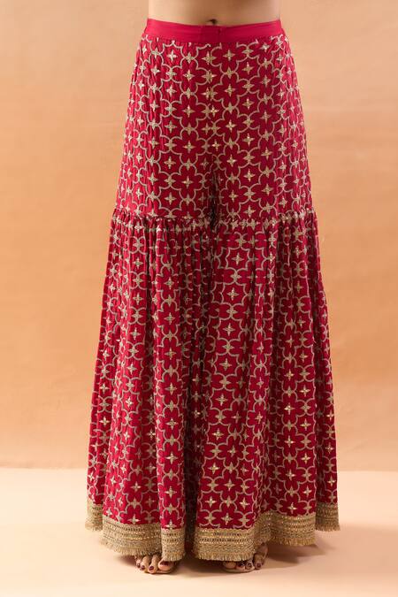 Gopi Vaid_Red Tussar, Organza Embroidery, Zari, Sequins Kurta And Sharara Set With Dupatta _at_Aza_Fashions