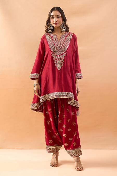 Shop Gopi Vaid Red Tussar Embroidery, Zari V-neck Kurta And Farshi Salwar Set Online at Aza Fashions Shop_Gopi Vaid_Red Tussar Embroidery, Zari V-neck Kurta And Farshi Salwar Set _Online_at_Aza_Fashions