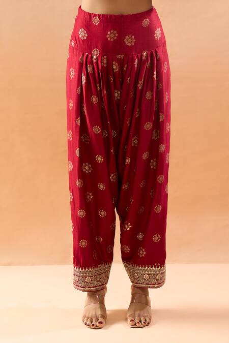 Gopi Vaid Red Tussar Embroidery, Zari V-neck Kurta And Farshi Salwar Set at Aza Fashions Gopi Vaid_Red Tussar Embroidery, Zari V-neck Kurta And Farshi Salwar Set _at_Aza_Fashions