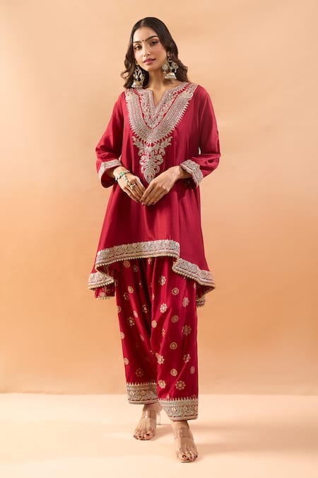 Gopi Vaid Red Tussar Embroidery, Zari V-neck Kurta And Farshi Salwar Set 