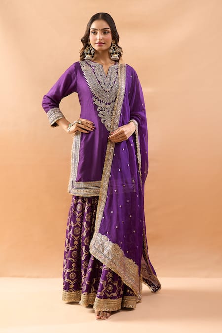 Buy Gopi Vaid Purple Tussar, Organza Embroidery, Zari, Sequins Kurta And Printed Sharara Set Online at Aza Fashions Buy_Gopi Vaid_Purple Tussar, Organza Embroidery, Zari, Sequins Kurta And Printed Sharara Set _Online_at_Aza_Fashions