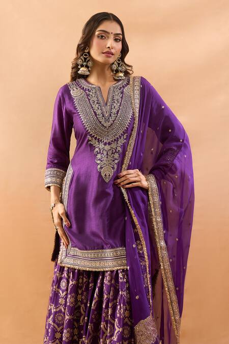 Shop Gopi Vaid Purple Tussar, Organza Embroidery, Zari, Sequins Kurta And Printed Sharara Set Online at Aza Fashions Shop_Gopi Vaid_Purple Tussar, Organza Embroidery, Zari, Sequins Kurta And Printed Sharara Set _Online_at_Aza_Fashions