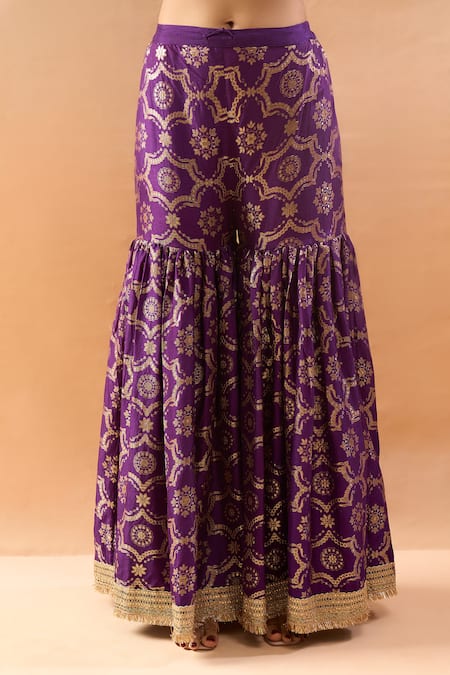 Gopi Vaid Purple Tussar, Organza Embroidery, Zari, Sequins Kurta And Printed Sharara Set at Aza Fashions Gopi Vaid_Purple Tussar, Organza Embroidery, Zari, Sequins Kurta And Printed Sharara Set _at_Aza_Fashions