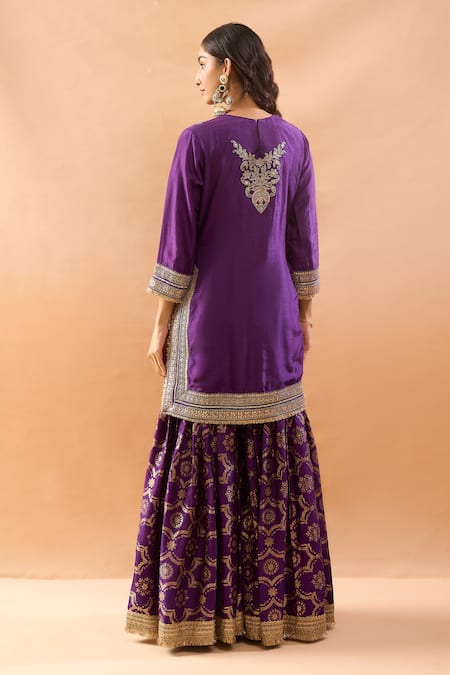 Shop Gopi Vaid Purple Tussar, Organza Embroidery, Zari, Sequins Kurta And Printed Sharara Set at Aza Fashions Shop_Gopi Vaid_Purple Tussar, Organza Embroidery, Zari, Sequins Kurta And Printed Sharara Set _at_Aza_Fashions