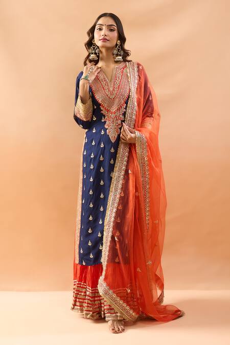 Gopi Vaid Blue Tussar, Organza Embroidery, Zari V-neck Kurta Sharara And Dupatta Set Online at Aza Fashions Gopi Vaid_Blue Tussar, Organza Embroidery, Zari V-neck Kurta Sharara And Dupatta Set _Online_at_Aza_Fashions