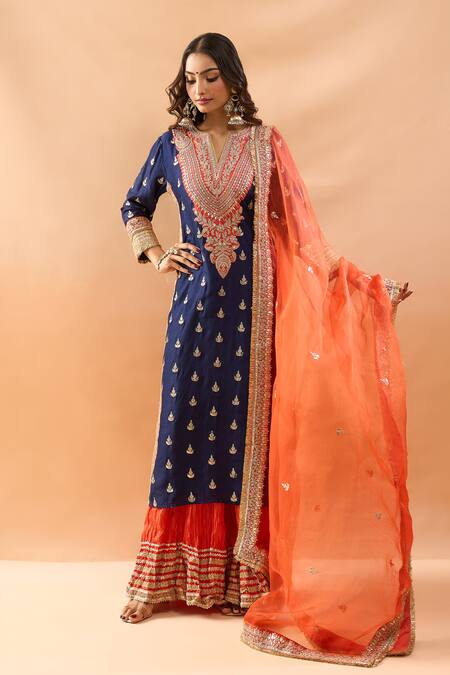 Buy Gopi Vaid Blue Tussar, Organza Embroidery, Zari V-neck Kurta Sharara And Dupatta Set Online at Aza Fashions Buy_Gopi Vaid_Blue Tussar, Organza Embroidery, Zari V-neck Kurta Sharara And Dupatta Set _Online_at_Aza_Fashions