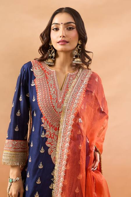 Shop Gopi Vaid Blue Tussar, Organza Embroidery, Zari V-neck Kurta Sharara And Dupatta Set Online at Aza Fashions Shop_Gopi Vaid_Blue Tussar, Organza Embroidery, Zari V-neck Kurta Sharara And Dupatta Set _Online_at_Aza_Fashions