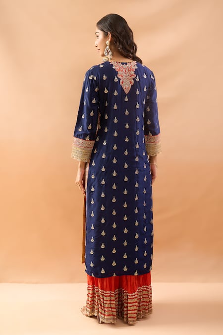 Shop Gopi Vaid Blue Tussar, Organza Embroidery, Zari V-neck Kurta Sharara And Dupatta Set at Aza Fashions Shop_Gopi Vaid_Blue Tussar, Organza Embroidery, Zari V-neck Kurta Sharara And Dupatta Set _at_Aza_Fashions