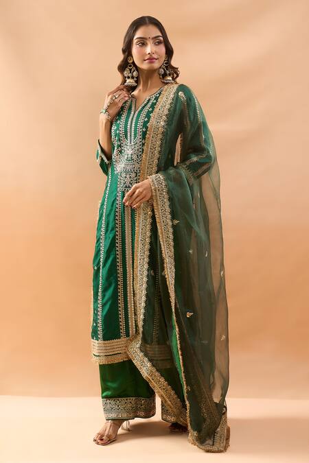 Buy_Gopi Vaid_Green Tussar, Satin, Organza Zari, Embroidery Split V-neck Kurta Palazzo Set _Online_at_Aza_Fashions