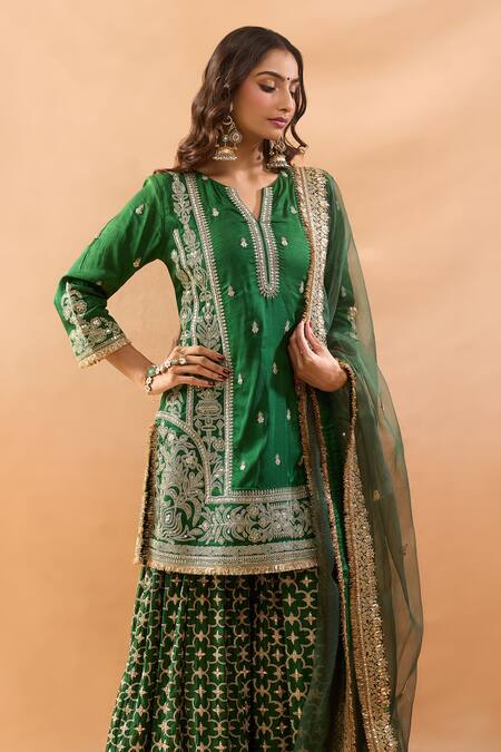 Buy Gopi Vaid Green Tussar, Organza Embroidery, Zari Split Kurta And Sharara Set With Dupatta Online at Aza Fashions Buy_Gopi Vaid_Green Tussar, Organza Embroidery, Zari Split Kurta And Sharara Set With Dupatta _Online_at_Aza_Fashions