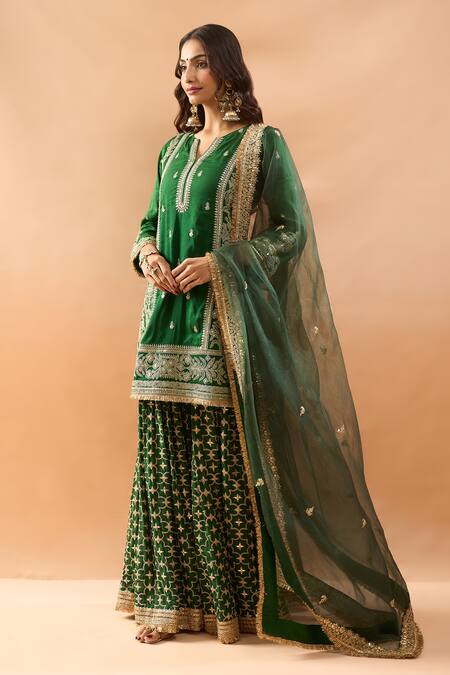 Shop Gopi Vaid Green Tussar, Organza Embroidery, Zari Split Kurta And Sharara Set With Dupatta Online at Aza Fashions Shop_Gopi Vaid_Green Tussar, Organza Embroidery, Zari Split Kurta And Sharara Set With Dupatta _Online_at_Aza_Fashions