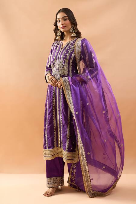 Gopi Vaid_Purple Tussar, Satin, Organza Embroidery, Zari Split V-neck Kurta Palazzo Set _Online_at_Aza_Fashions