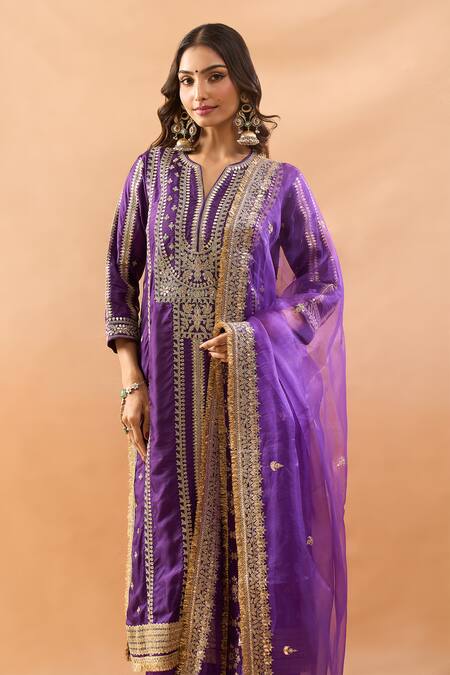 Buy_Gopi Vaid_Purple Tussar, Satin, Organza Embroidery, Zari Split V-neck Kurta Palazzo Set _Online_at_Aza_Fashions