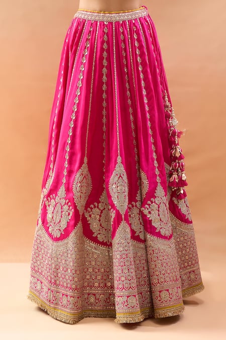 Gopi Vaid_Fuchsia Tussar, Organza Zari, Embroidery Scoop Neck Lehenga Set With Dupatta _Online_at_Aza_Fashions