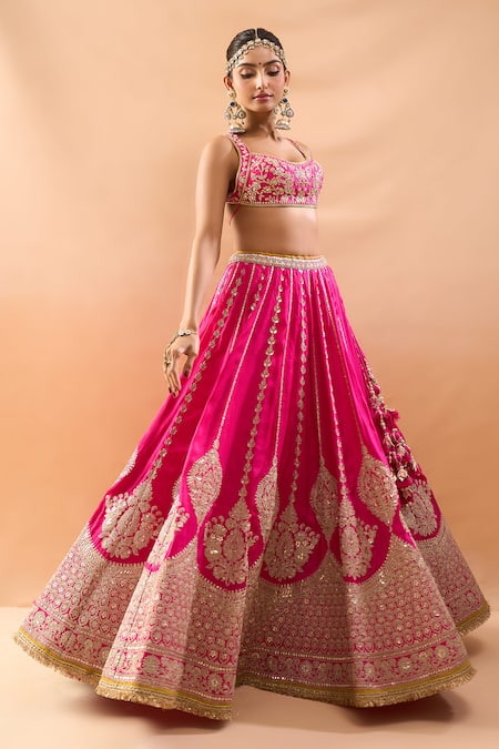 Buy_Gopi Vaid_Fuchsia Tussar, Organza Zari, Embroidery Scoop Neck Lehenga Set With Dupatta _Online_at_Aza_Fashions