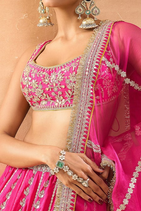 Gopi Vaid_Fuchsia Tussar, Organza Zari, Embroidery Scoop Neck Lehenga Set With Dupatta _at_Aza_Fashions