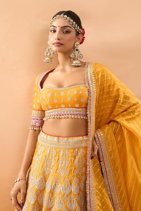 Gopi Vaid_Mustard Tussar, Organza Zari, Embroidery, Sequins, Beads Square Neck Lehenga Set _Online_at_Aza_Fashions