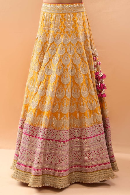 Buy_Gopi Vaid_Mustard Tussar, Organza Zari, Embroidery, Sequins, Beads Square Neck Lehenga Set _Online_at_Aza_Fashions