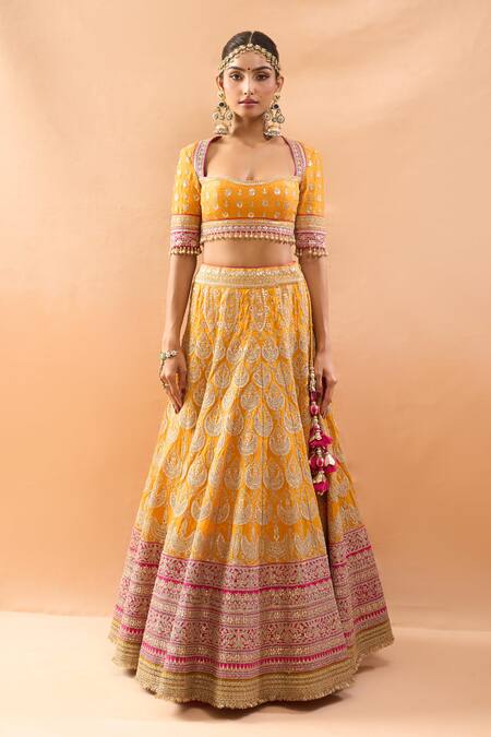 Shop_Gopi Vaid_Mustard Tussar, Organza Zari, Embroidery, Sequins, Beads Square Neck Lehenga Set _Online_at_Aza_Fashions