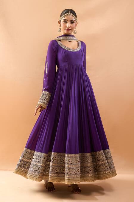 Gopi Vaid Purple Chiffon, Lycra, Brocade Embroidery, Zari Anarkali, Churidar And Dupatta Set Online at Aza Fashions Gopi Vaid_Purple Chiffon, Lycra, Brocade Embroidery, Zari Anarkali, Churidar And Dupatta Set _Online_at_Aza_Fashions