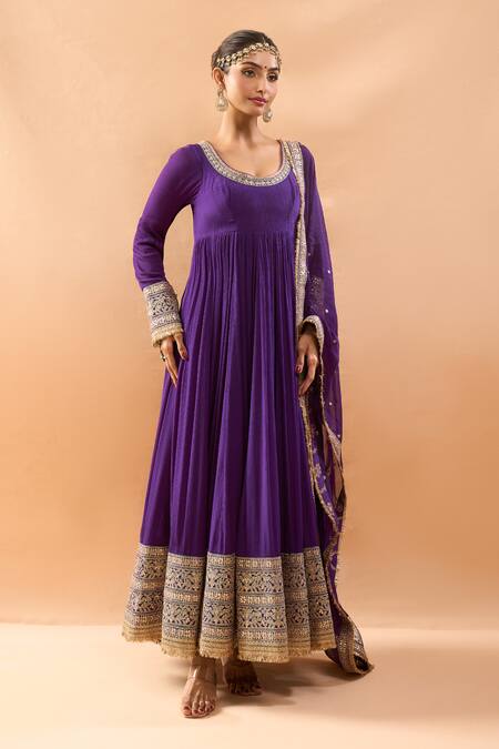 Shop Gopi Vaid Purple Chiffon, Lycra, Brocade Embroidery, Zari Anarkali, Churidar And Dupatta Set Online at Aza Fashions Shop_Gopi Vaid_Purple Chiffon, Lycra, Brocade Embroidery, Zari Anarkali, Churidar And Dupatta Set _Online_at_Aza_Fashions