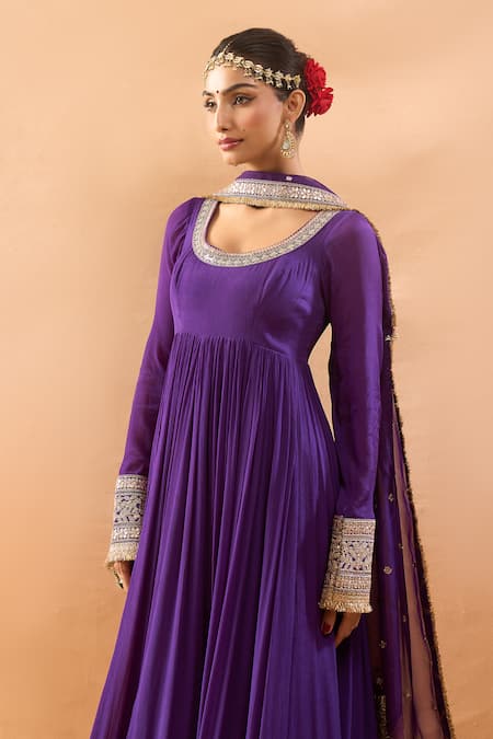 Gopi Vaid Purple Chiffon, Lycra, Brocade Embroidery, Zari Anarkali, Churidar And Dupatta Set at Aza Fashions Gopi Vaid_Purple Chiffon, Lycra, Brocade Embroidery, Zari Anarkali, Churidar And Dupatta Set _at_Aza_Fashions