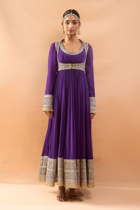 Gopi Vaid_Purple Chiffon, Tussar, Organza Embroidery, Zari Scoop Jacket And Anarkali Set _Online_at_Aza_Fashions