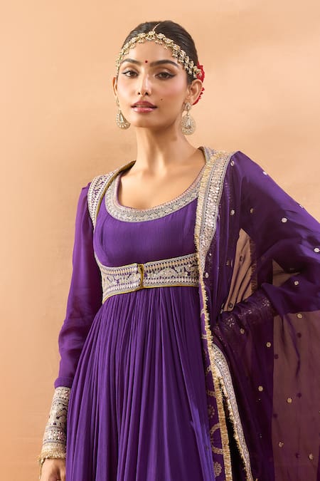 Shop_Gopi Vaid_Purple Chiffon, Tussar, Organza Embroidery, Zari Scoop Jacket And Anarkali Set _Online_at_Aza_Fashions