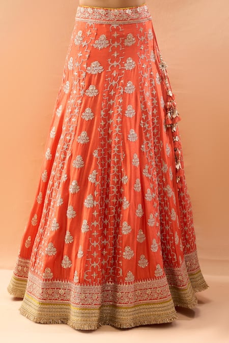 Gopi Vaid_Orange Tussar, Organza Embroidery, Sequins, Zari, Tassels V-neck Lehenga Set _Online_at_Aza_Fashions