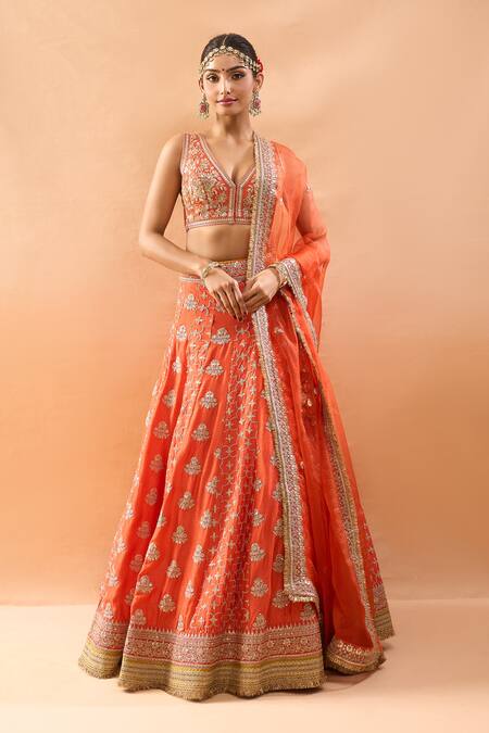Buy_Gopi Vaid_Orange Tussar, Organza Embroidery, Sequins, Zari, Tassels V-neck Lehenga Set _Online_at_Aza_Fashions