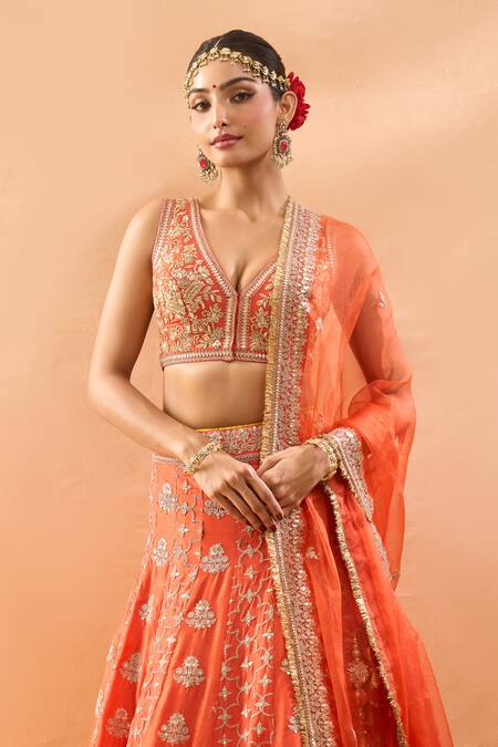 Shop_Gopi Vaid_Orange Tussar, Organza Embroidery, Sequins, Zari, Tassels V-neck Lehenga Set _Online_at_Aza_Fashions