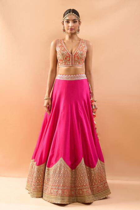 Gopi Vaid_Pink Tussar, Organza Zari, Embroidery V-neck Blouse And Lehenga Set _Online_at_Aza_Fashions