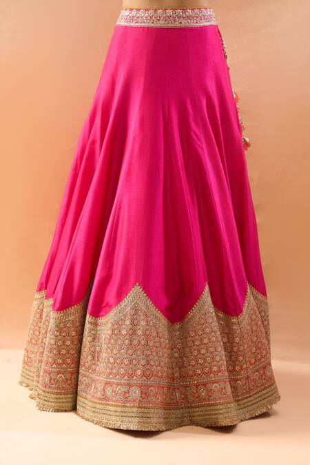 Buy_Gopi Vaid_Pink Tussar, Organza Zari, Embroidery V-neck Blouse And Lehenga Set _Online_at_Aza_Fashions