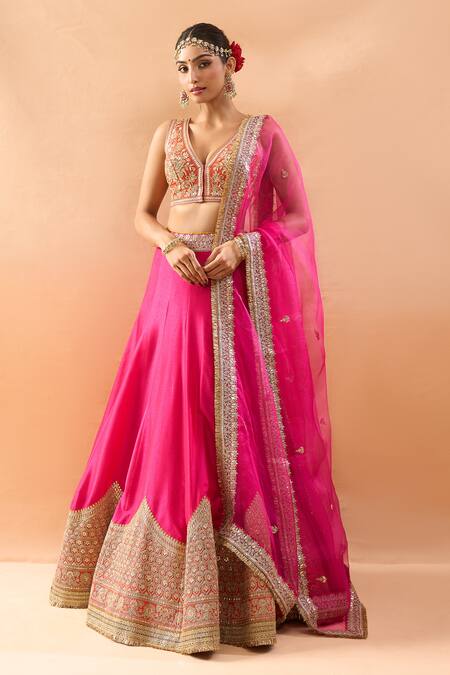 Shop_Gopi Vaid_Pink Tussar, Organza Zari, Embroidery V-neck Blouse And Lehenga Set _Online_at_Aza_Fashions