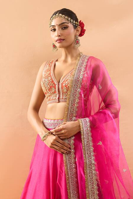Gopi Vaid_Pink Tussar, Organza Zari, Embroidery V-neck Blouse And Lehenga Set _at_Aza_Fashions