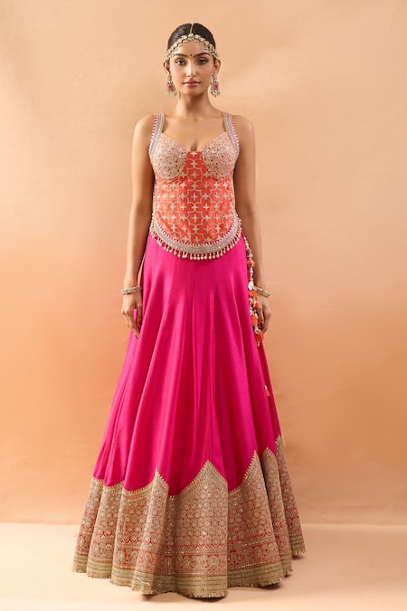 Gopi Vaid_Orange Tussar, Organza Embroidery, Sequins, Padded Blouse Lehenga And Dupatta _Online_at_Aza_Fashions